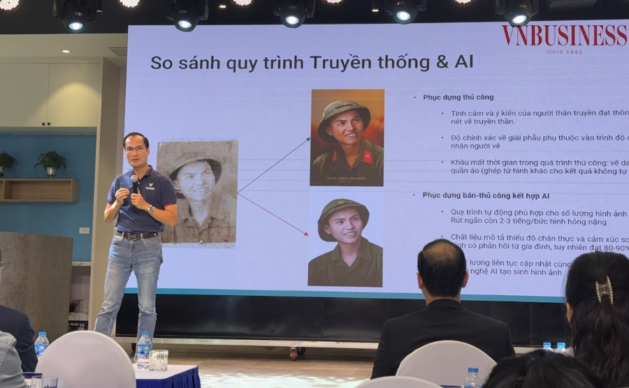 Lãnh đạo doanh nghiệp chia sẻ về quy trình phục dựng ảnh kết hợp AI.
