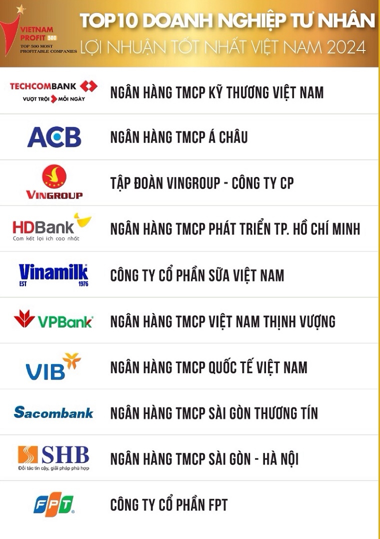 Trong Top 10 doanh nghiệp tư nhân lợi nhuận tốt nhất Việt Nam năm 2024, có tới 7 doanh nghiệp tư nhân là các ngân hàng.