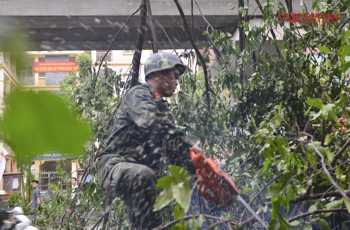 Các chiến sĩ đã sử dụng cưa máy để cắt nhỏ các cành cây lớn, sau đó vận chuyển đến nơi an toàn.