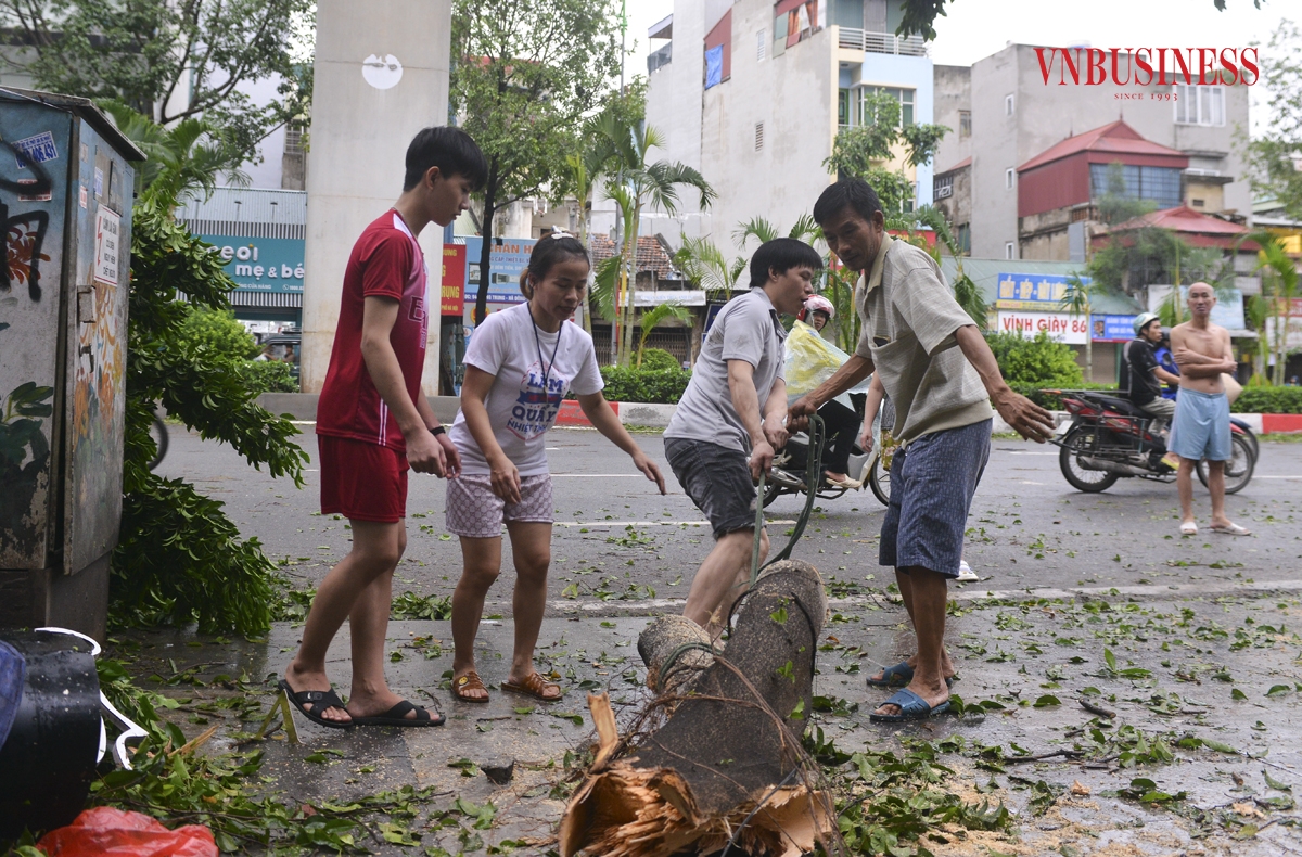 Nhiều người dân đã tự nguyện tham gia dọn dẹp, góp phần trả lại mỹ quan cho các tuyến phố. Không chỉ có tiếng máy cưa hay tiếng cành cây gãy rơi, không khí còn rộn ràng với tiếng hò reo của những người dân khi cùng nhau kéo những cành cây lớn.