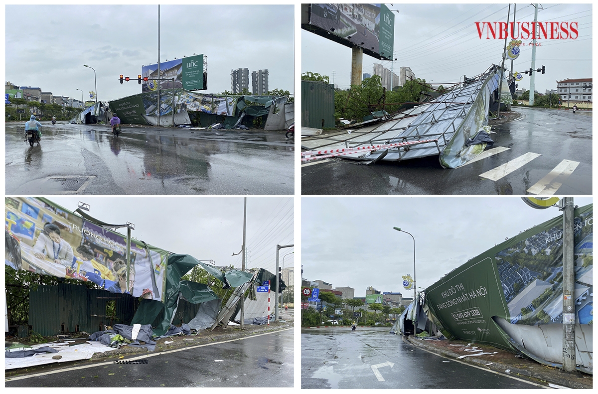 Hệ thống rào tôn, biển quảng cáo tại khu đô thị Park City trên đường Lê Trọng Tấn, quận Hà Đông cũng không thể chống lại sức mạnh của cơn bão.