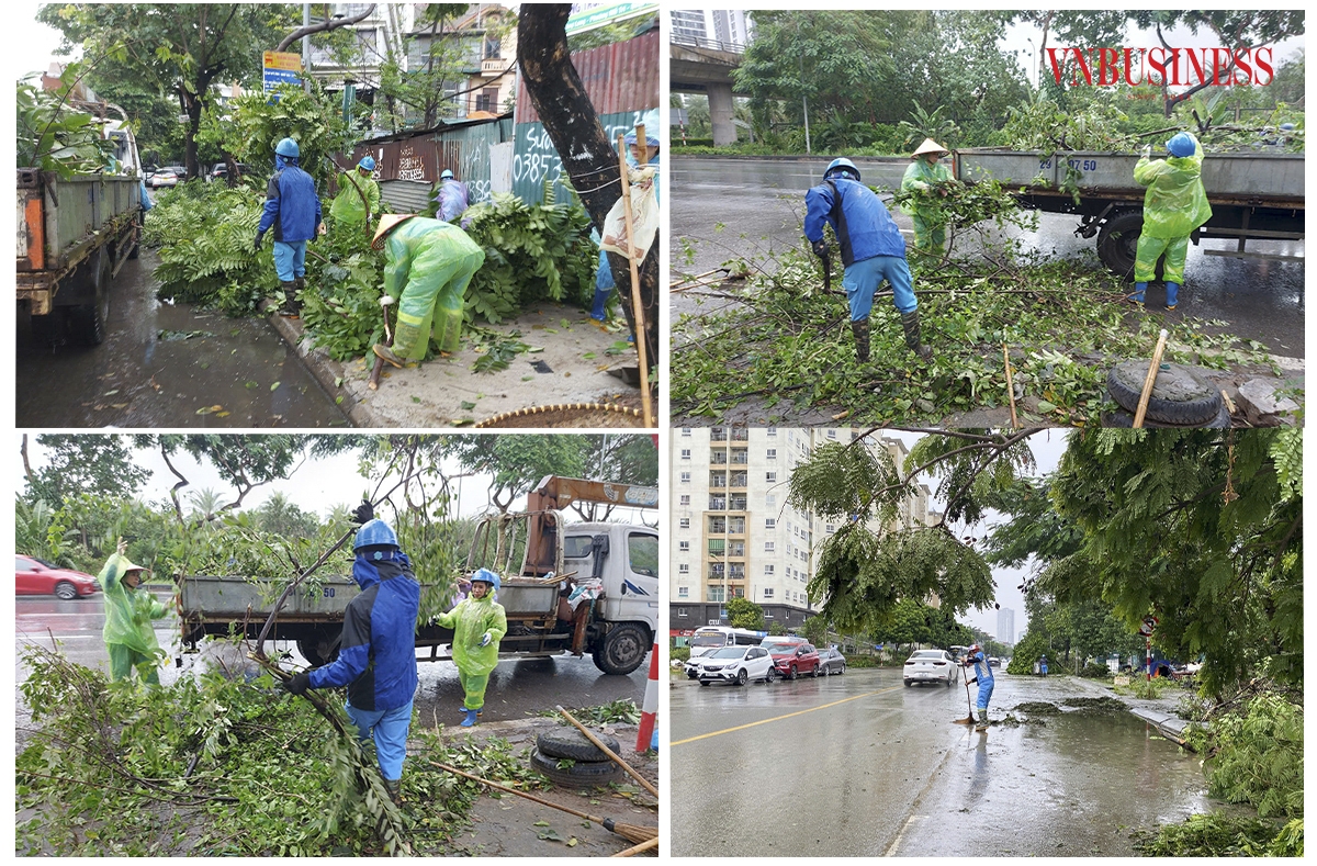 Tại khu vực đường gom đại lộ Thăng Long, các công nhân vệ sinh môi trường đã được điều động cùng với phương tiện để chủ động dọn dẹp những cành cây gãy đổ, nhằm đảm bảo an toàn giao thông cho người và phương tiện đang lưu thông trên tuyến.