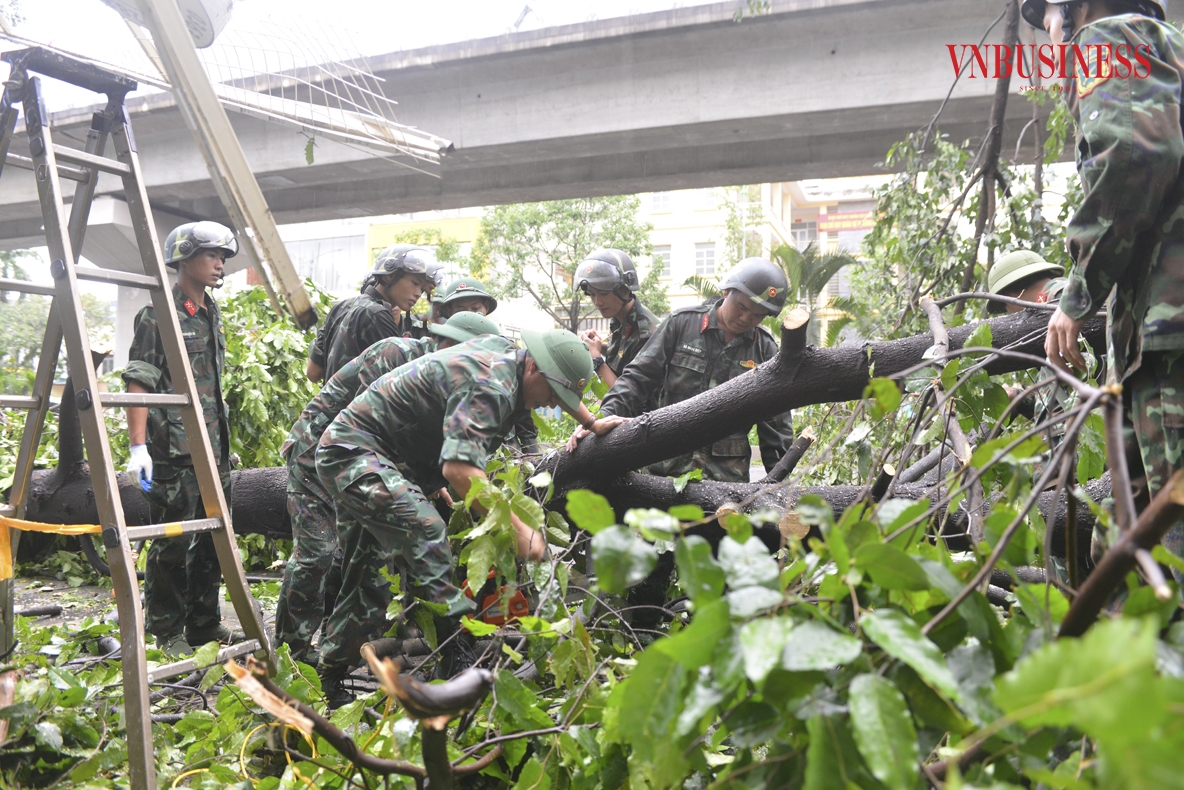 Tại quận Hà Đông, Trung đoàn bộ binh 692 thuộc Sư đoàn bộ binh 301 - Bộ tư lệnh Thủ đô đã huy động hàng trăm chiến sĩ để cắt và vận chuyển các cành cây gãy đổ, giúp đảm bảo an toàn cho người dân và các phương tiện tham gia giao thông.
