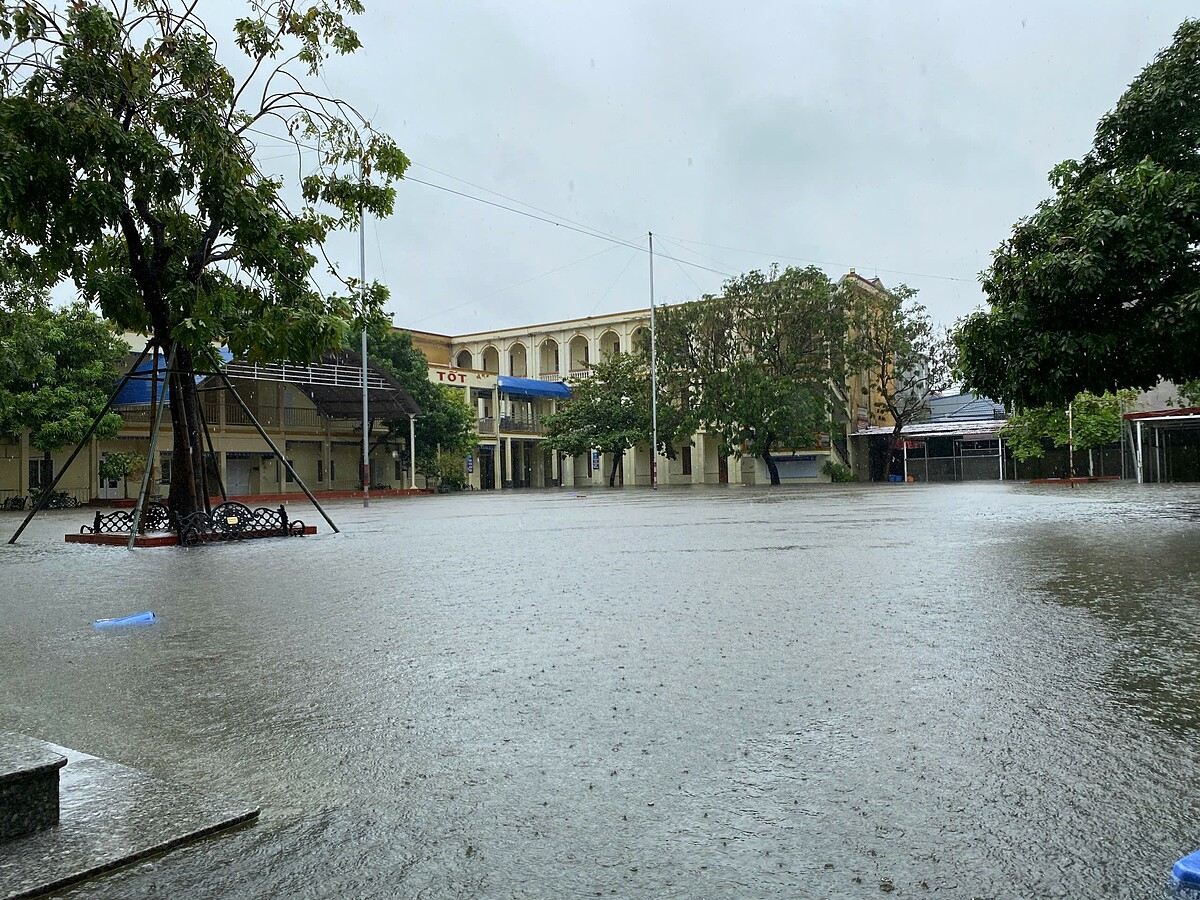 Nhiều trường phải cho học sinh nghỉ học vì mưa ngập sâu sân trường.