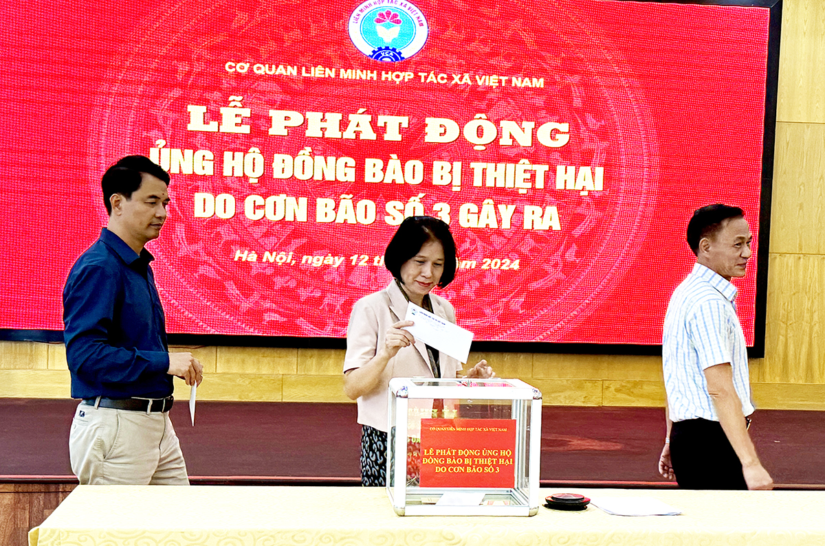 Các Phó Chủ tịch Liên minh HTX Việt Nam quyên góp, ủng hộ nhân dân vùng bị ảnh hưởng bởi bão lũ.