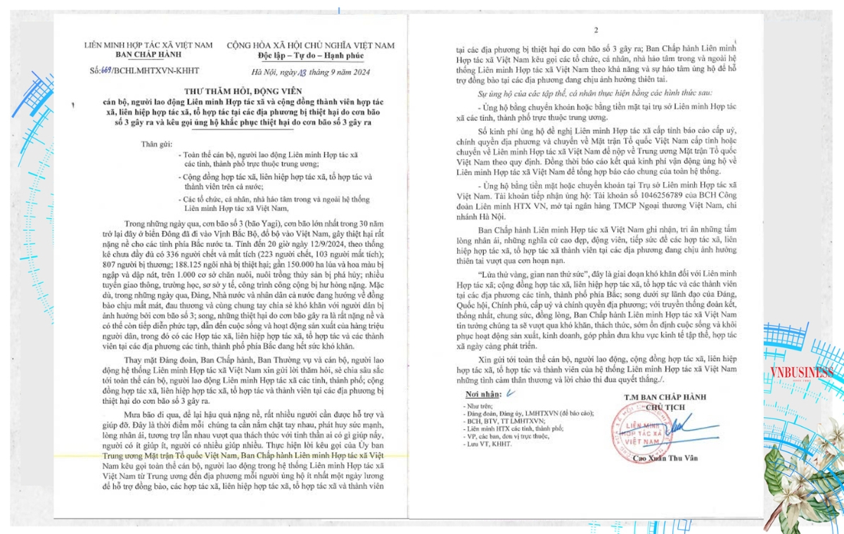 Toàn văn thư thăm hỏi động viên khu vực hợp tác xã, kêu gọi ủng hộ khắc phục hậu quả sau bão số 3 của Liên minh HTX Việt Nam