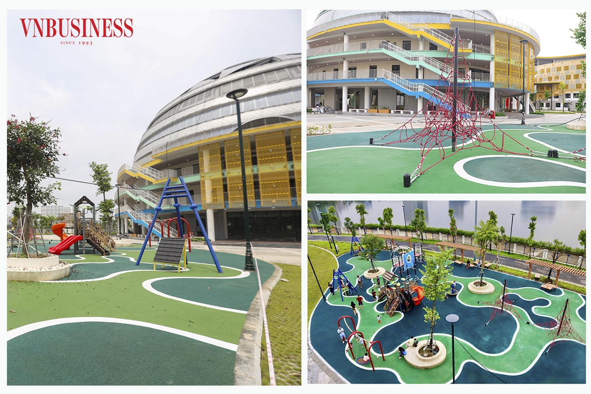 Phía sau hai tòa nhà là khu vui chơi ngoài trời dành cho trẻ em, vừa tạo không gian bên ngoài thân thiện với môi trường vừa kết hợp các khu đa chức năng bên trong hiện đại, tiện nghi.