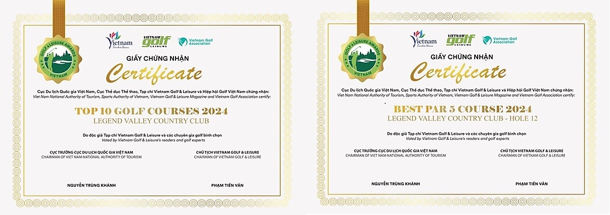 Giấy chứng nhận giải thưởng VGLA 2024 của sân Legend Valley Country Club.