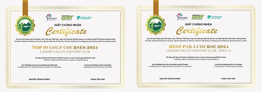 Giấy chứng nhận giải thưởng VGLA 2024 của sân Legend Valley Country Club.