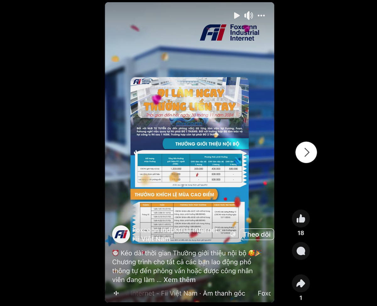 Foxconn sử dụng các video ngắn trên nền tảng mạng xã hội Facebook, TikTok để giới thiệu chính sách thưởng tiền mặt nhằm thu hút người lao động.