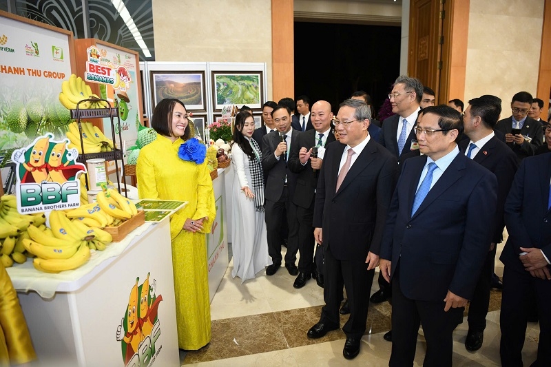 Bà Lê Thị Mỹ Hạnh, Tổng Giám đốc Công ty Cổ phần Banana Brothers Farm giới thiệu với Thủ tướng Phạm Minh Chính và Thủ tướng Lý Cường các sản phẩm chuối xuất khẩu của doanh nghiệp tại Triển lãm sản phẩm nông nghiệp đặc sắc của Việt Nam xuất khẩu sang Trung Quốc.
