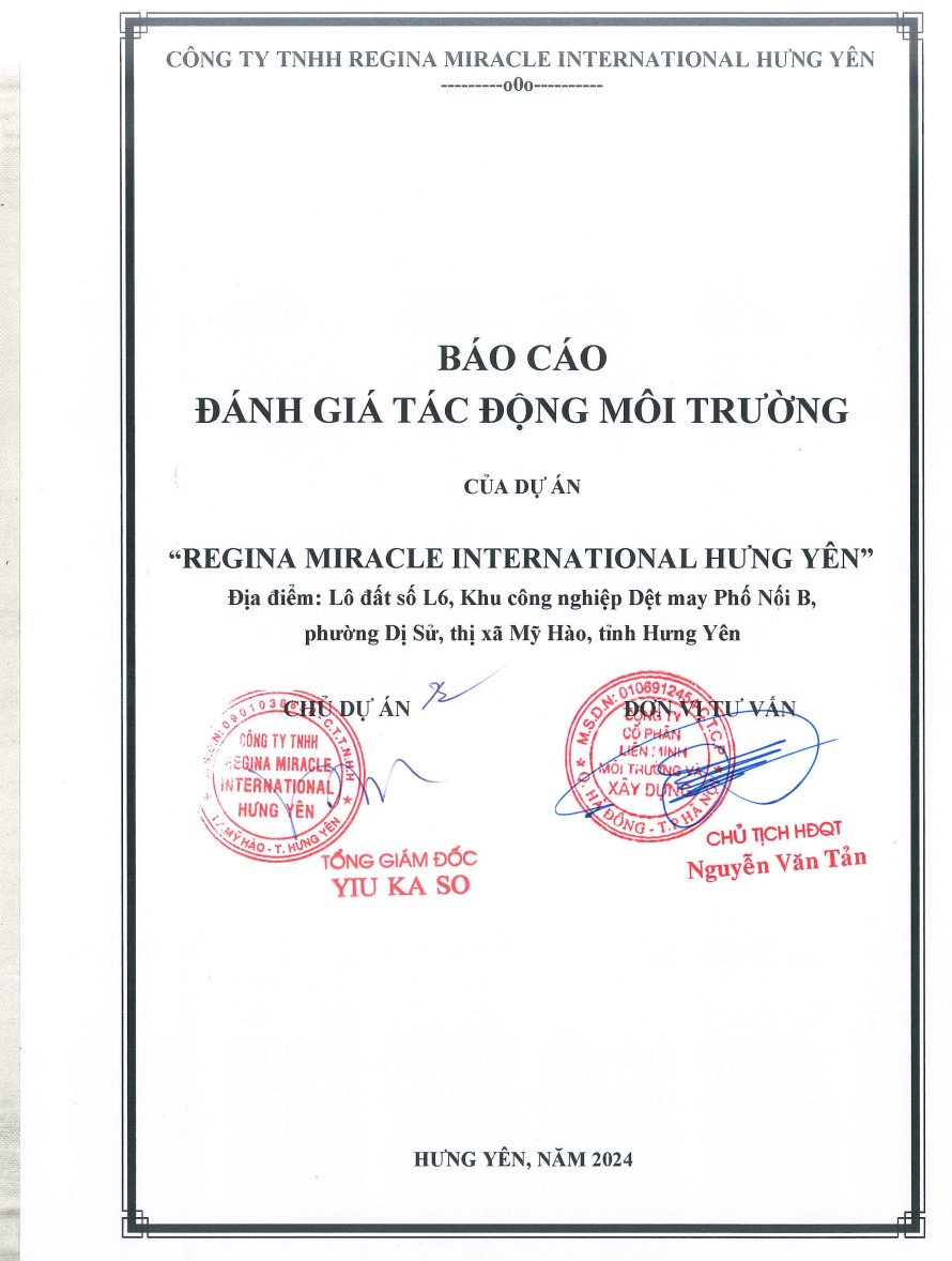 Hình ảnh có Chữ ký và con dấu đỏ của cả 2 doanh nghiệp &lpar;Công ty Cổ phần Liên minh Môi trường và Xây dựng và Công ty TNHH Regina Miracle International Hưng Yên &rpar; đồng ký tên và đóng dấu trên bản Báo cáo đánh giá tác động môi trường trên cổng điện tử tham vấn của Bộ Tài nguyên và Môi trường.