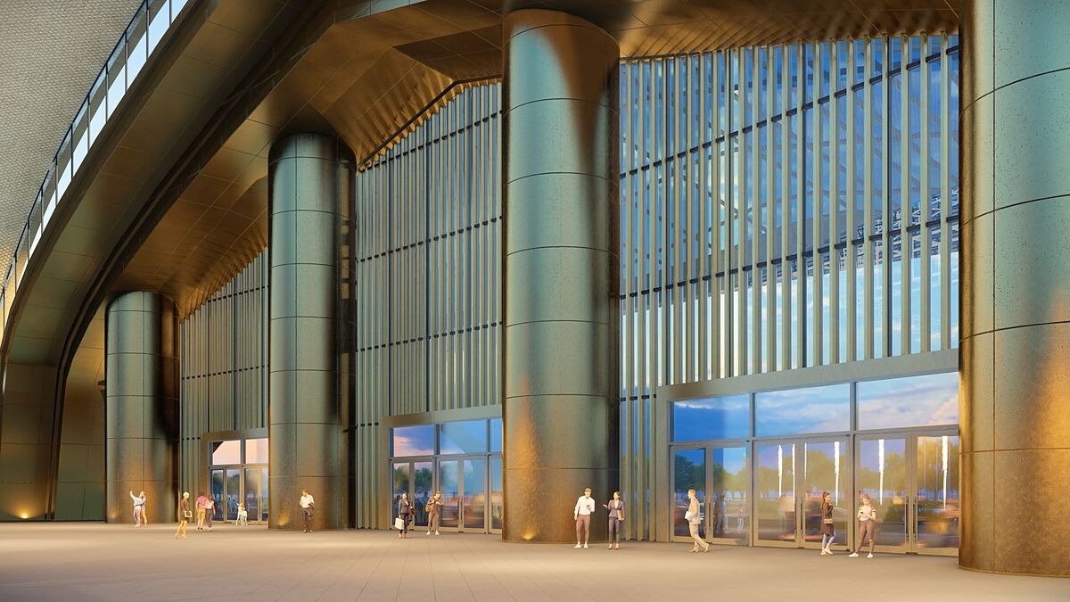 Sảnh chính gây ấn tượng với hệ cột bề thế, được ốp kim loại mang đến vẻ đẹp sang trọng.