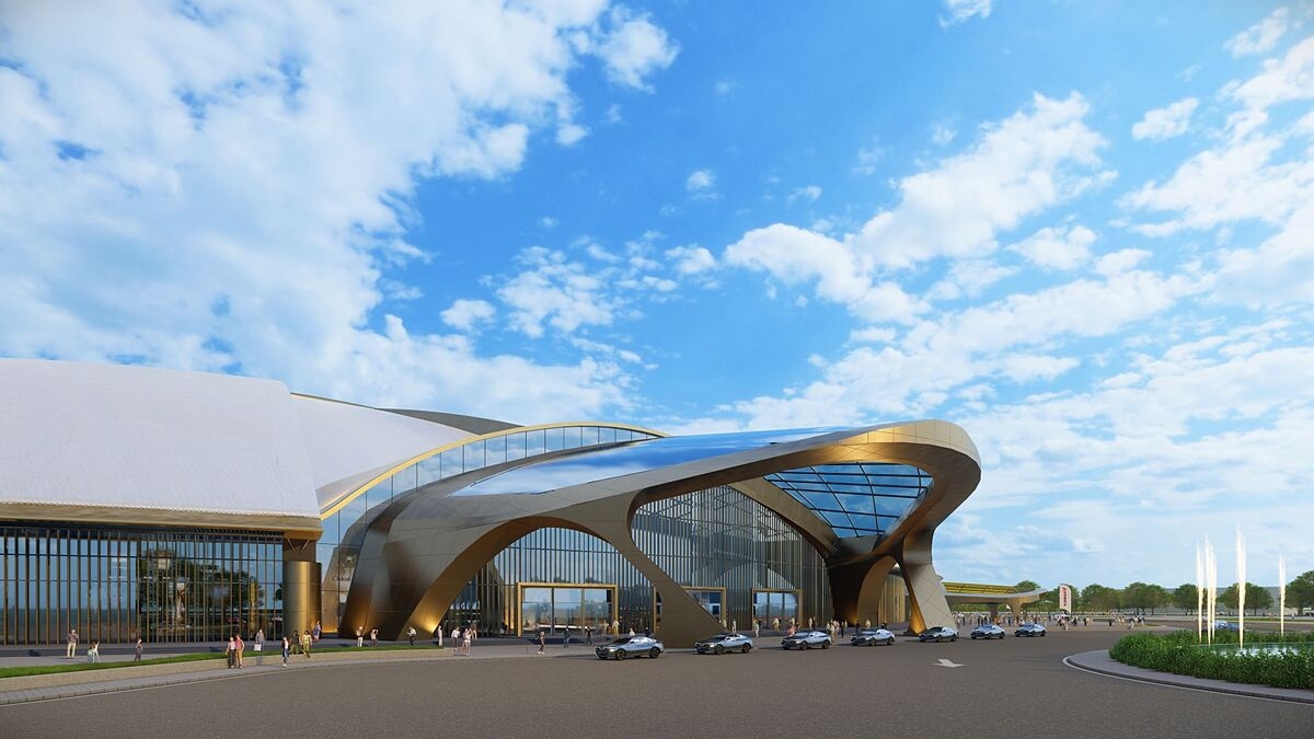 Điểm nhấn kiến trúc phía trước sảnh chính là hồ và đài phun nước.