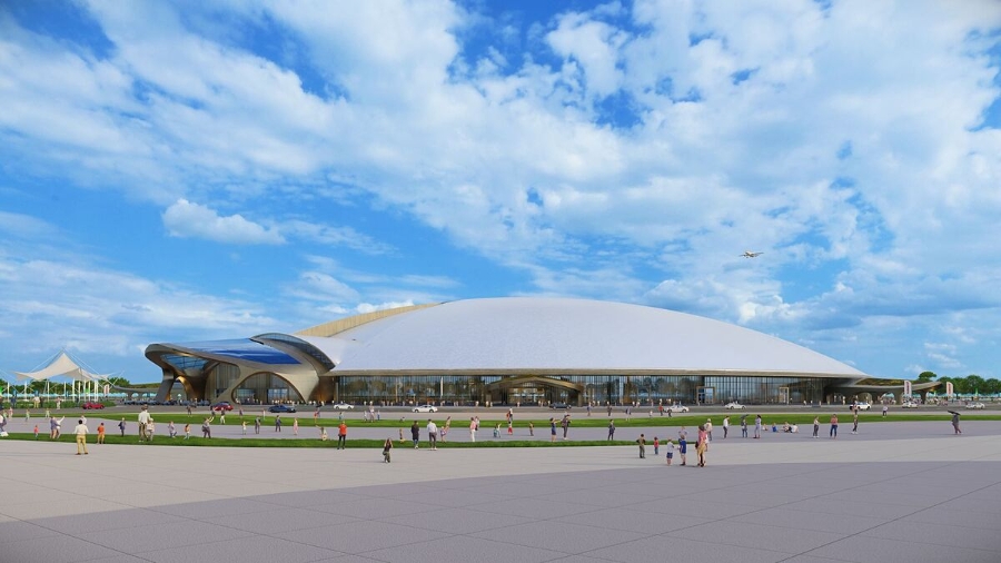 Mái sảnh chính của nhà triển lãm trong nhà tượng trưng cho đầu của Thần Kim Quy.