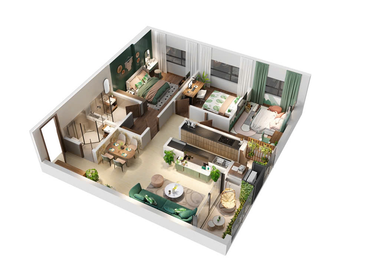 Một mẫu layout 3 ngủ vưới khung cửa số thoáng rộng tại mỗi phòng ngủ.