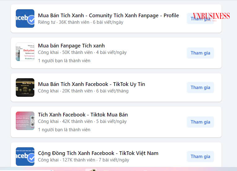 Hàng loạt hội nhóm mua bán tick xanh trên nền tảng Facebook xuất hiện sau một lượt tìm kiếm.