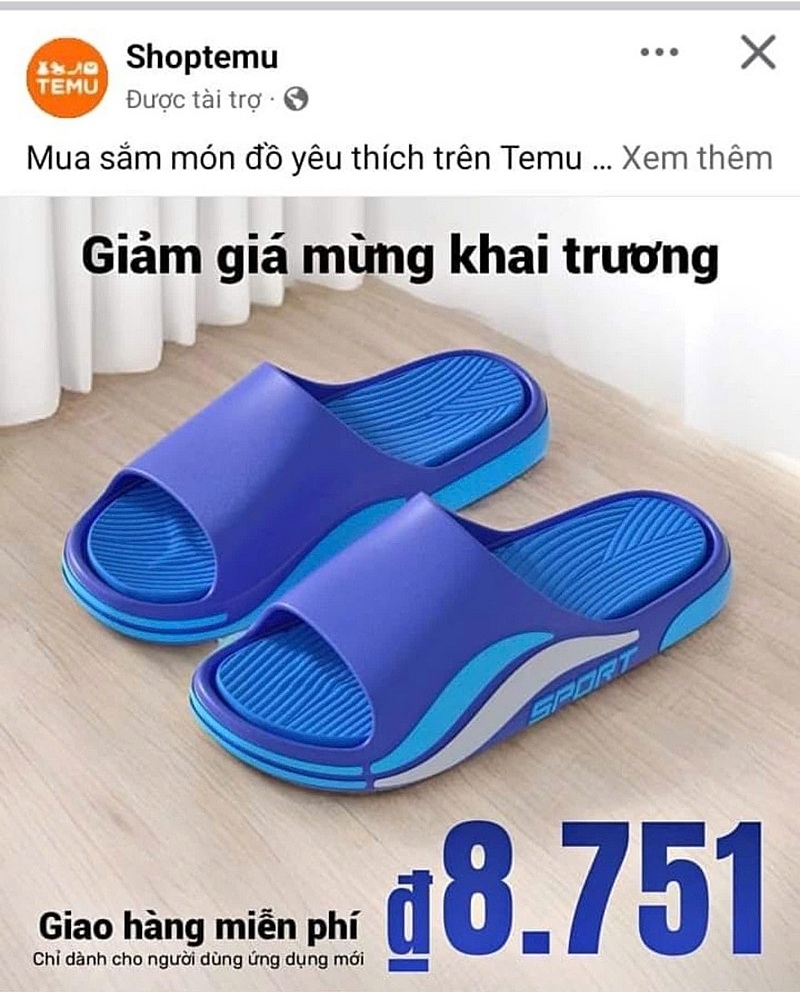 Một đôi dép được rao bán trên nền tảng của Temu chỉ 8.700 đồng và được miễn phí giao hàng.