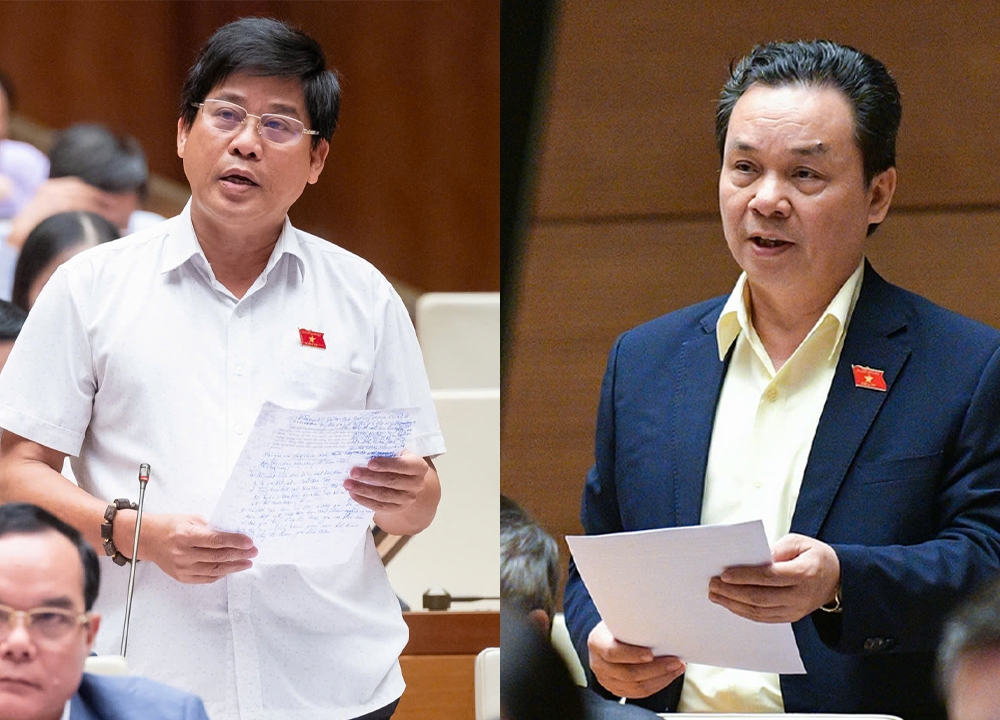 Đại biểu Dương Văn Phước &lpar;trái&rpar; và đại biểu Hoàng Văn Cường &lpar;phải&rpar; đã có màn tranh luận làm nóng nghị trường sáng 28/10.