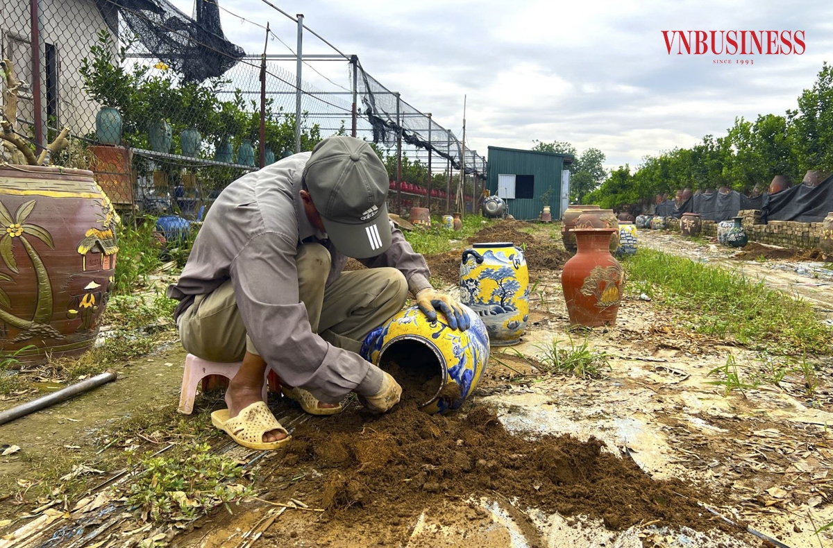 Những chậu quất bị ngập nặng không thể cứu chữa được người dân phải xúc rửa, thay đất, tiến hành trồng cây mới.