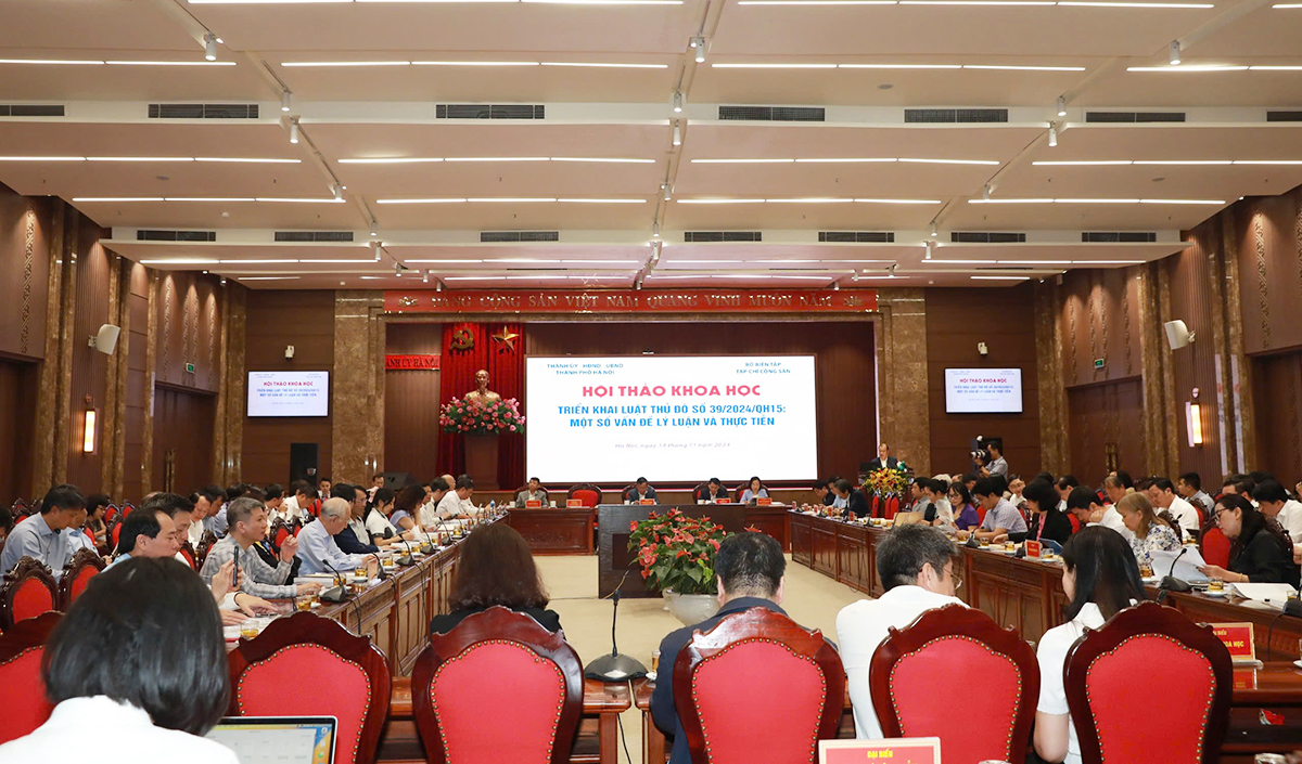 Toàn cảnh Hội thảo khoa học “Triển khai Luật Thủ đô &lpar;Luật số 2024/QH15&rpar;: Những vấn đề lý luận và thực tiễn” diễn ra ngày 14/11.