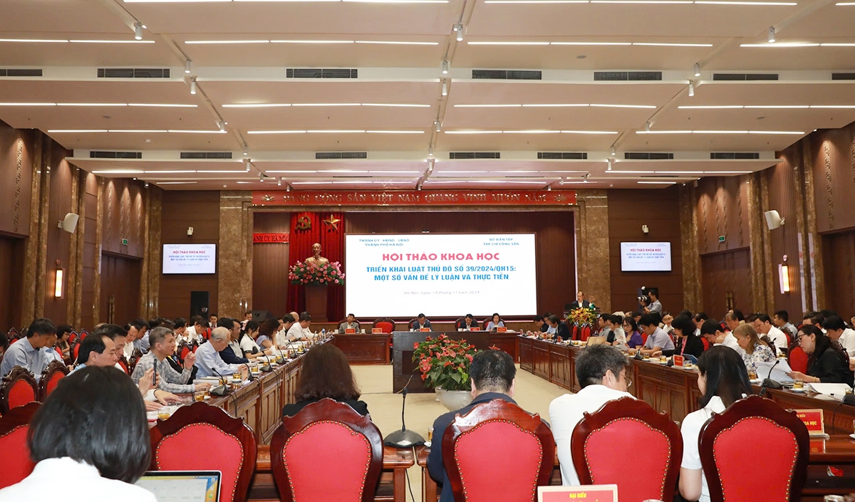 Toàn cảnh Hội thảo khoa học “Triển khai Luật Thủ đô &lpar;Luật số 2024/QH15&rpar;: Những vấn đề lý luận và thực tiễn” diễn ra ngày 14/11.