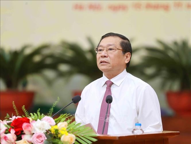 Đồng chí Lại Xuân Môn, Uỷ viên Trung ương Đảng, Phó Trưởng Ban Thường trực Ban Tuyên giáo Trung ương, Chủ tịch Hội đồng Khoa học các cơ quan Đảng Trung ương phát biểu khai mạc hội thảo. Ảnh: TTXVN