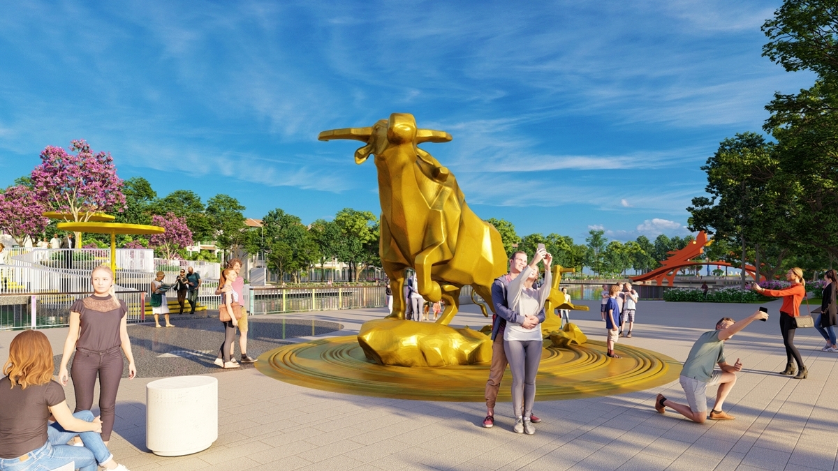 Cầu Kim Lọng dẫn lối đến tượng điêu khắc Trâu Kim Tiền.