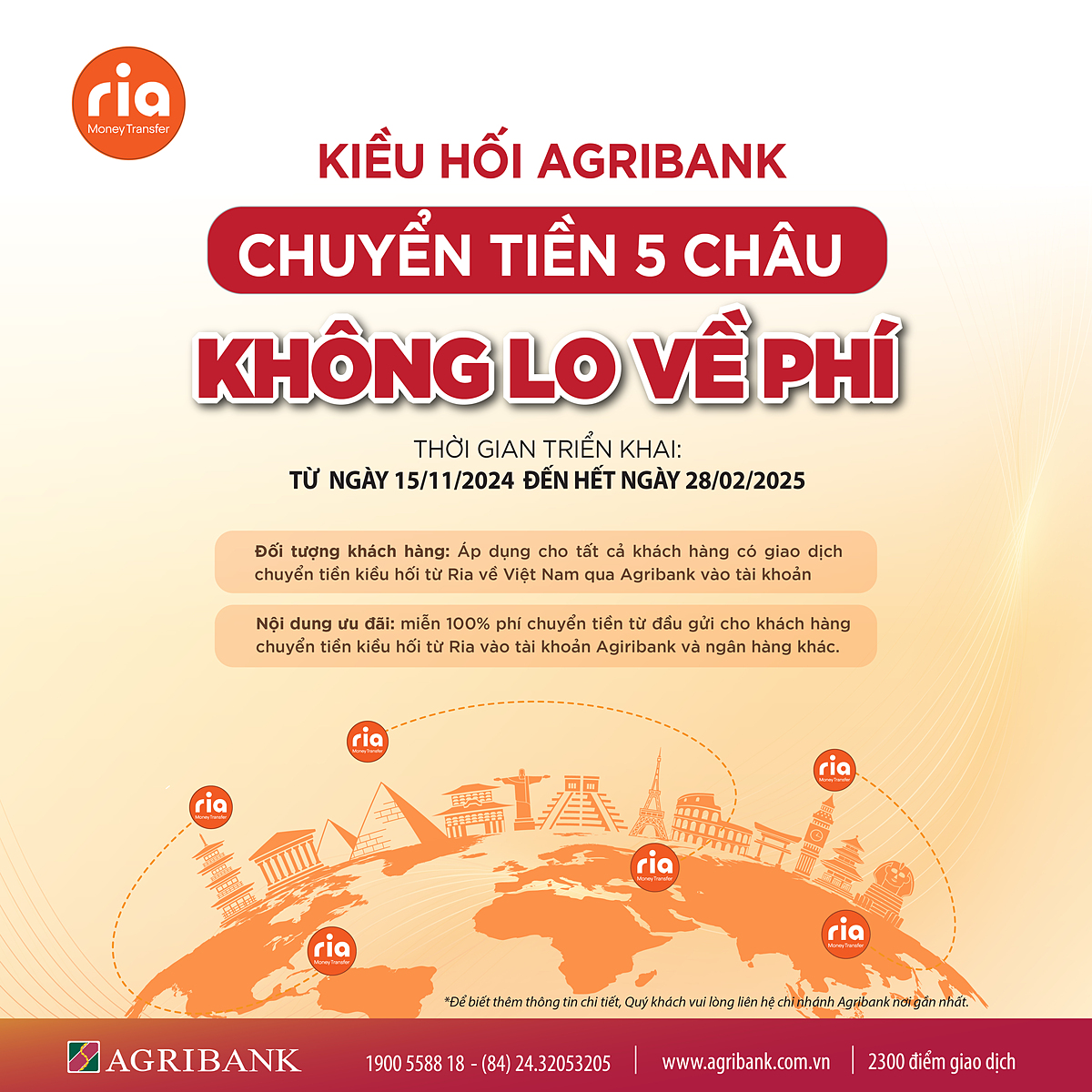 Chương trình dành cho tất cả khách hàng chuyển tiền kiều hối Ria về Việt Nam qua Agribank vào tài khoản.