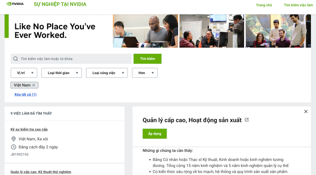 Thông tin tìm kiếm kỹ sự, quản lý làm việc tại Việt Nam trên trang chủ tuyển dụng của Nvidia.