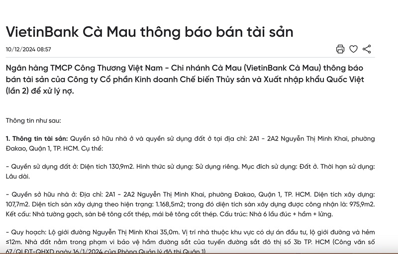 VietinBank Cà Mau thông báo bán tài sản của Công ty CP Kinh doanh chế biến thủy sản và Xuất nhập khẩu Quốc Việt &lpar;lần 2&rpar; để xử lý nợ.