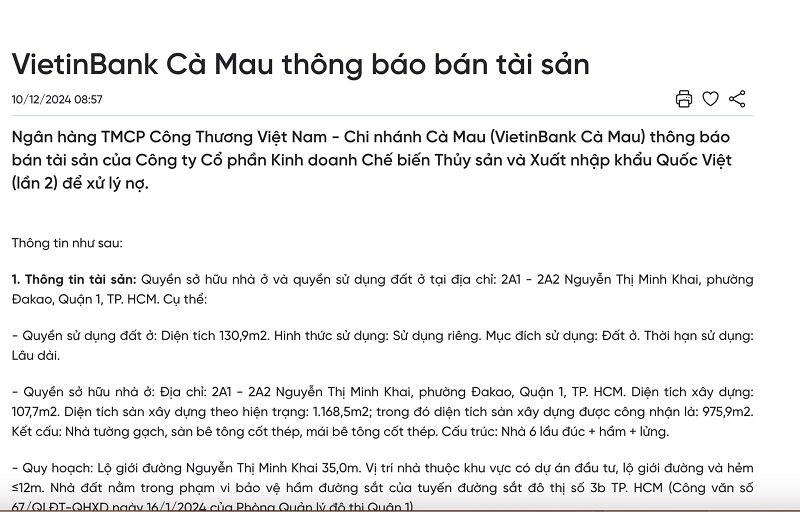 VietinBank Cà Mau thông báo bán tài sản của Công ty CP Kinh doanh chế biến thủy sản và Xuất nhập khẩu Quốc Việt &lpar;lần 2&rpar; để xử lý nợ.