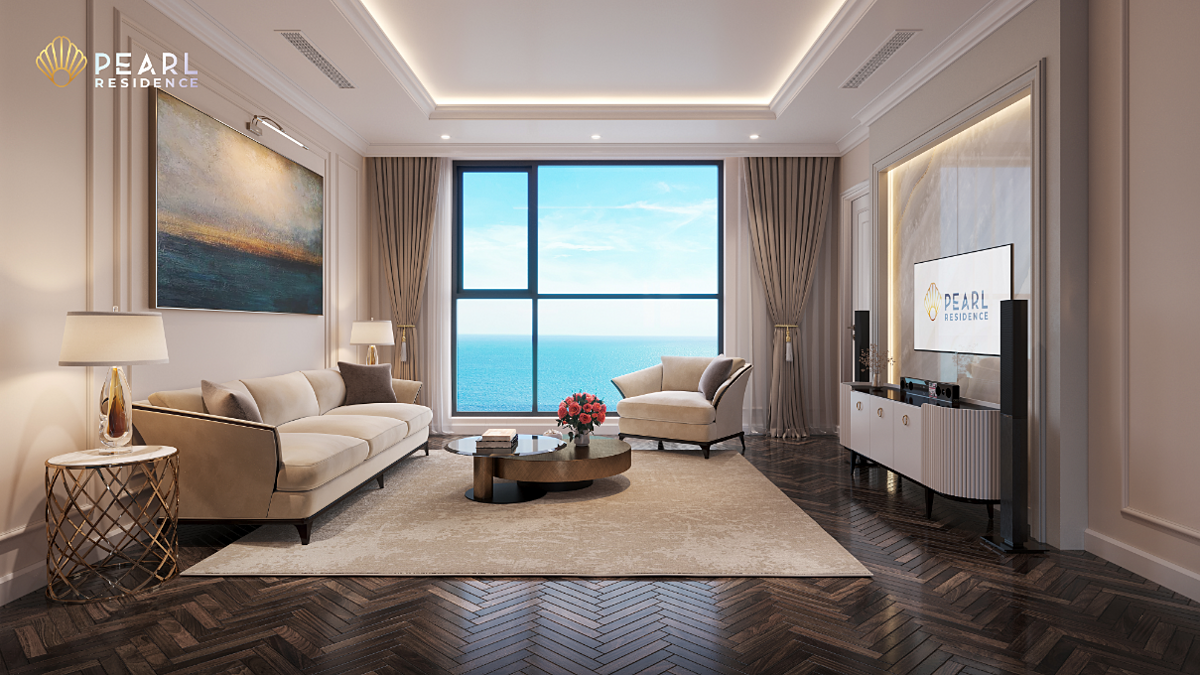 Phòng khách với cửa số lớn và view biển trực diện, tạo nên sự “đắt giá” cho không gian nghỉ dưỡng tại Pearl Residence.