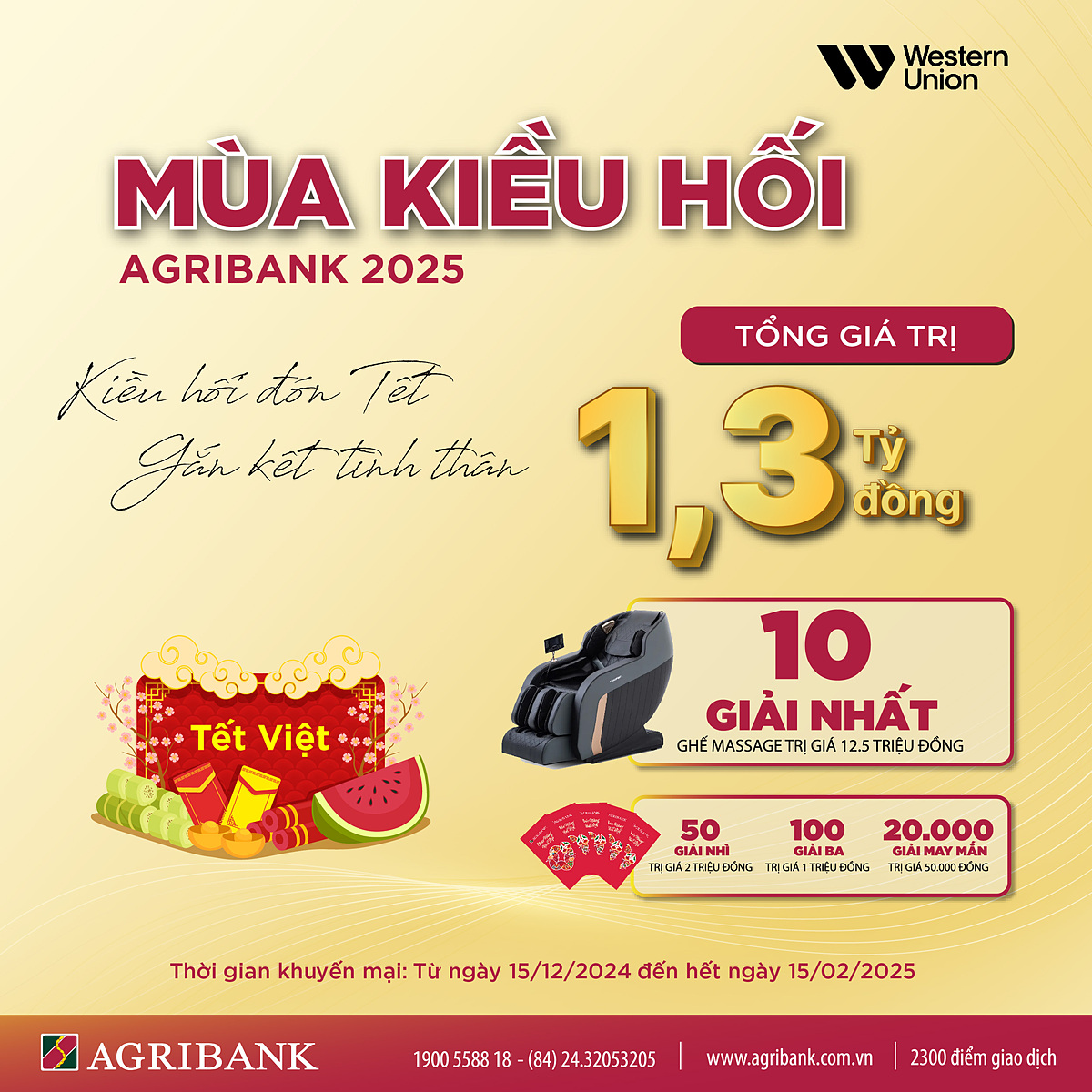 Chương trình ưu đãi Mùa kiều hối Agribank 2025 Kiều hối đón tết - gắn kết tình thân được diễn ra từ ngày 15/12/2024 đến hết ngày 15/02/2025.