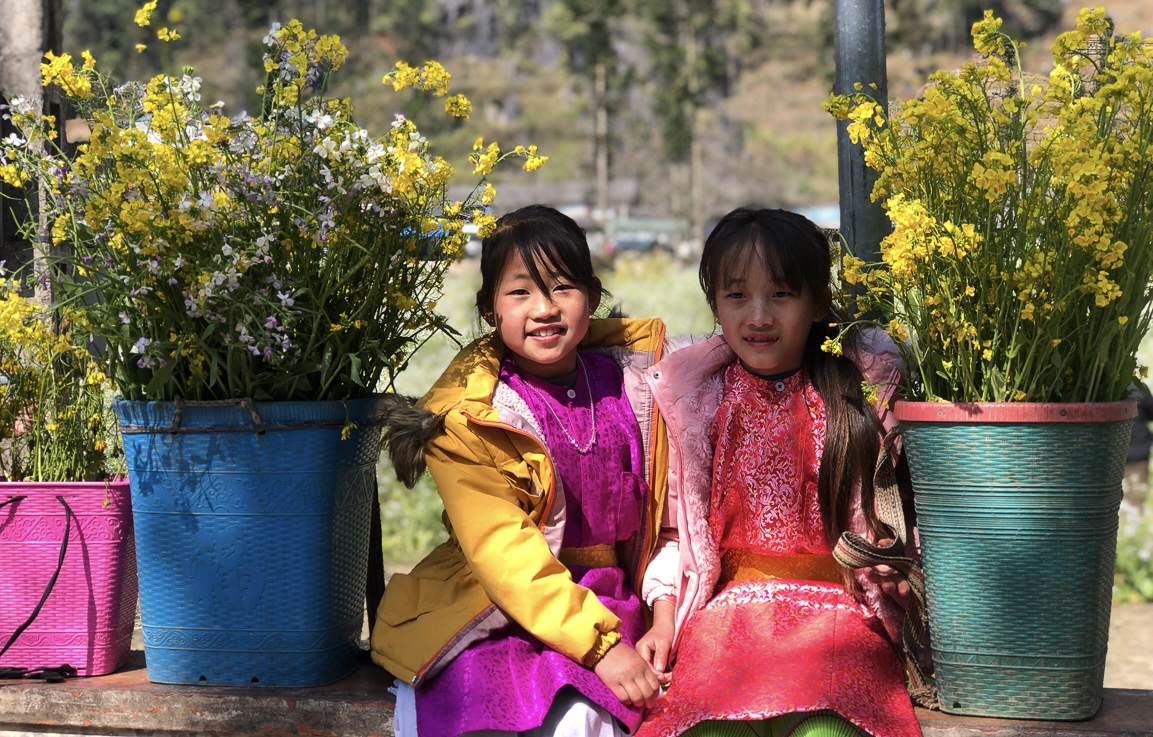 Các em nhỏ hái những đám hoa cải đặt trong gùi cho khách du lịch thuê để chụp hình.