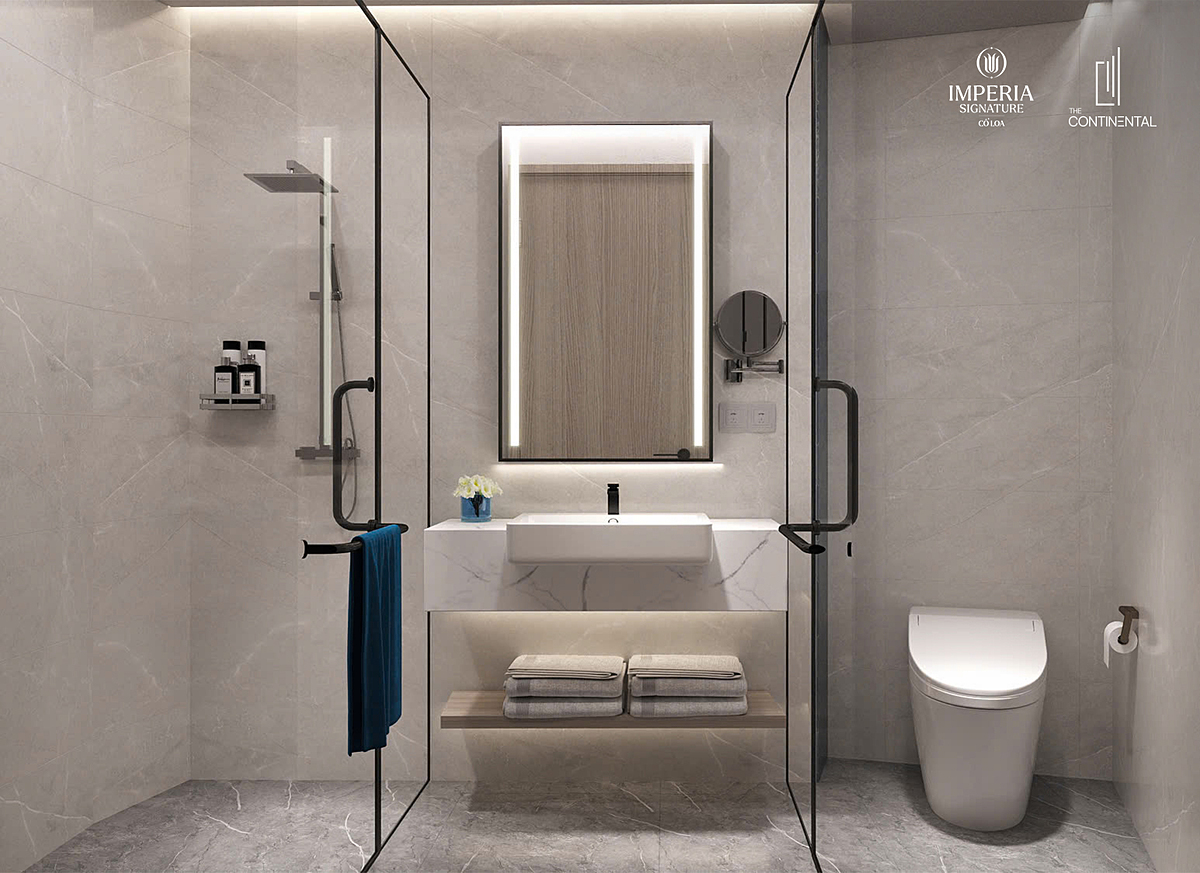 Với thiết kế tinh tế, chia thành 3 khu vực chức năng riêng biệt, phòng tắm mang đậm dấu ấn của những khách sạn quốc tế danh tiếng, đảm bảo sự tiện nghi, riêng tư và thoải mái tuyệt đối.