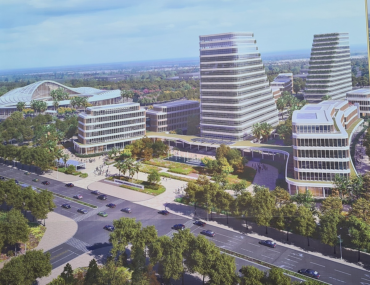 Phối cảnh dự án đầu tư xây dựng công trình Trung tâm Chính trị - Hành chính thành phố, hệ thống giao thông và hệ thống hạ tầng kỹ thuật đồng bộ tại Khu đô thị Bắc sông Cấm.