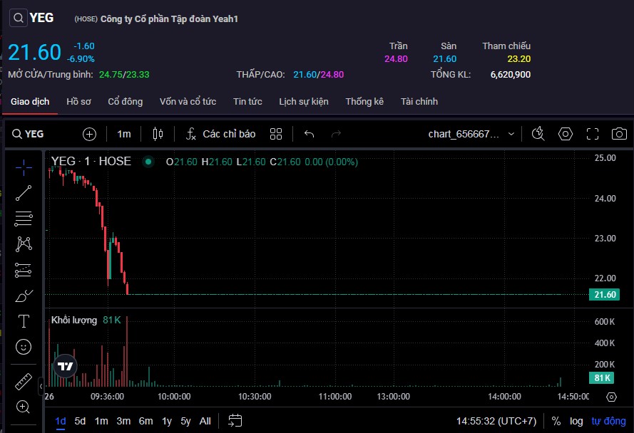 Cổ phiếu YEG giảm sàn sau 7 phiên tăng trần liên tiếp.