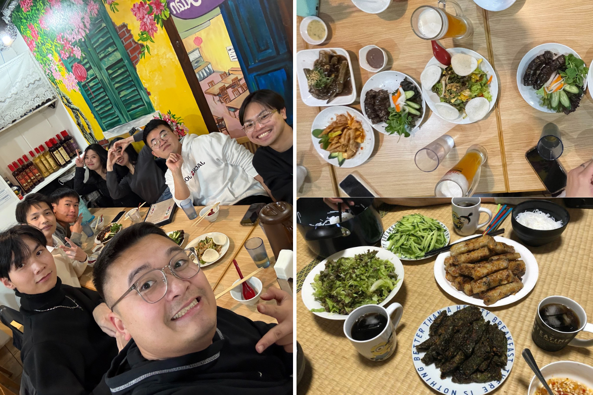 Tùng và các bạn quây quần bên bữa tiệc tất niên.