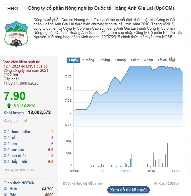 Cổ phiếu HNG tăng mạnh cùng thanh khoản tăng vọt.
