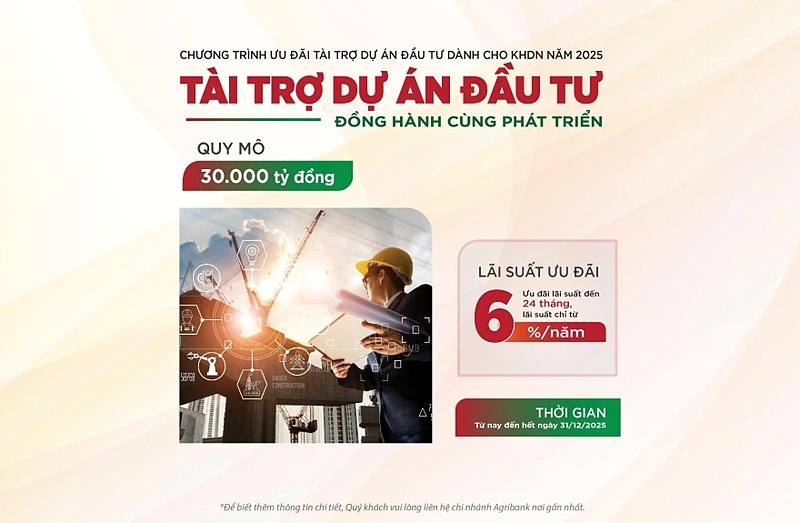 Agribank cung ứng vốn trung dài hạn tài trợ Dự án đầu tư lãi suất ưu đãi đến 24 tháng chỉ từ 6,0%/năm.