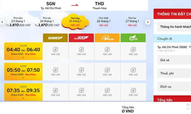 Chặng bay TP.HCM - Thanh Hóa không còn vé từ ngày 25-27/1.