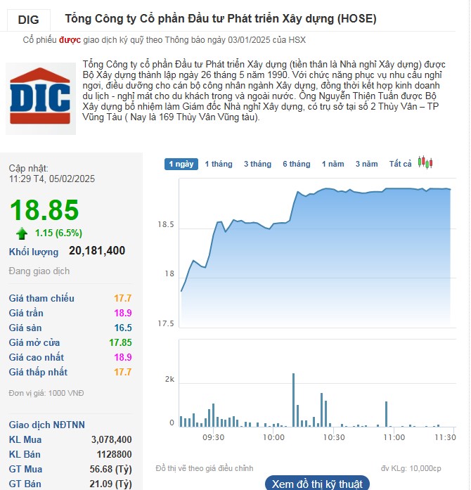 Lực bán tăng mạnh tại mức giá trần đã khiến cổ phiếu DIG không giữ được 'sắc tím'.