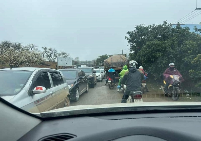 Ngày cuối tuần, nhiều tuyến đường từ trung tâm Mộc Châu đi các điểm ngắm hoa ùn tắc kéo dài cả cây số.