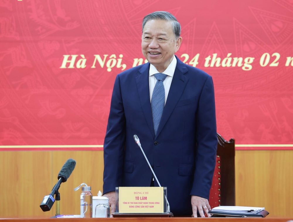 Tổng Bí thư Tô Lâm phát biểu chỉ đạo tại buổi làm việc. Ảnh: TTXVN