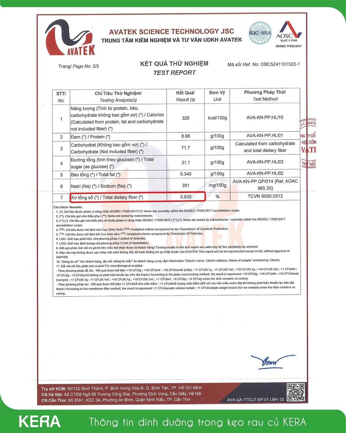 Kera công bố thông tin dinh dưỡng về sản phẩm.