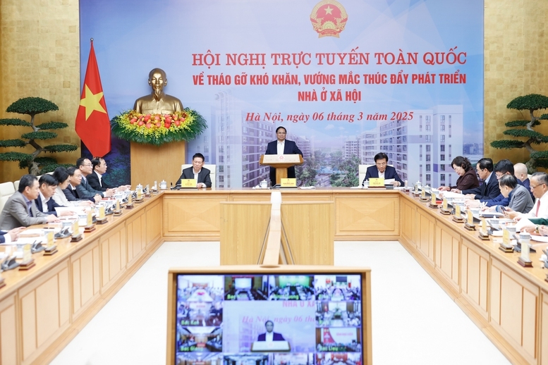 Thủ tướng Chính phủ Phạm Minh Chính chủ trì Hội nghị trực tuyến toàn quốc về tháo gỡ khó khăn, vướng mắc, thúc đẩy phát triển nhà ở xã hội - Ảnh VGP