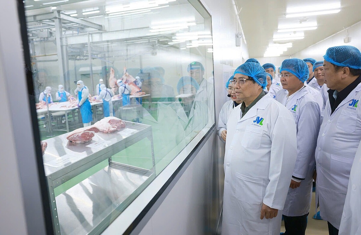 Thủ tướng thăm quan dây chuyền sản xuất tại Nhà máy chế biến thịt bò Tam Đảo.
