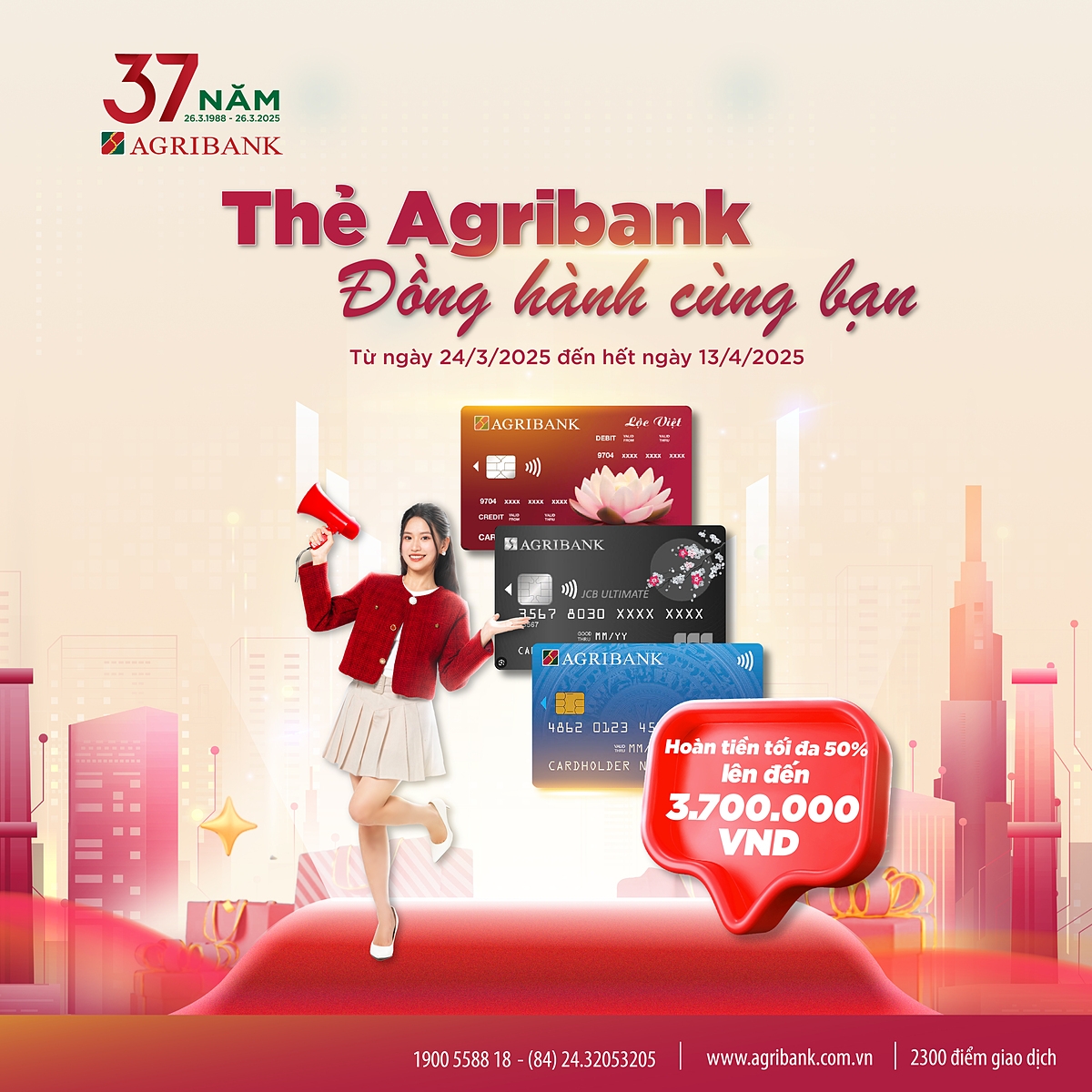 Chương trình khuyến mại “Thẻ Agribank - Đồng hành cùng bạn” - Hoàn tối đa 50% giá trị giao dịch thanh toán qua thẻ tối đa lên đến 3.700.000 VND/khách hàng.