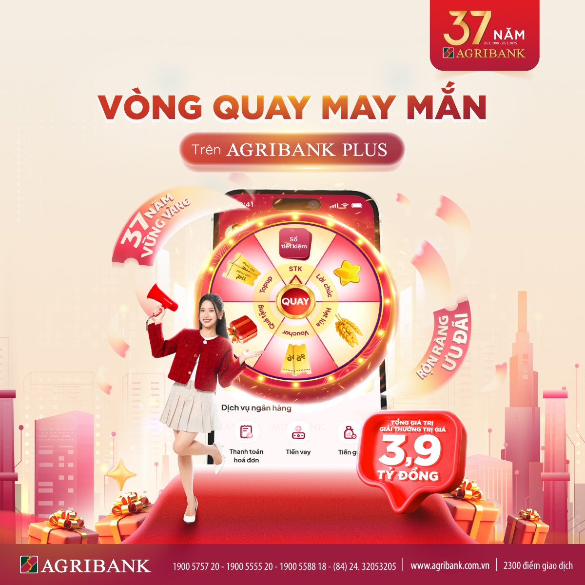Quà tặng quay số online “Vòng quay may mắn” trên Agribank Plus.
